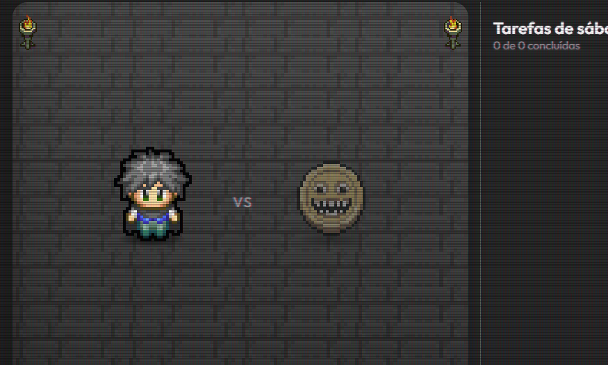 Arena do Dungeonlog com o efeito CRT ligado: o herói em pixel art e a Moeda mímica frente a frente, com linhas horizontais finas (scanlines) e escurecimento nas bordas sobre a parede de tijolos e as tochas