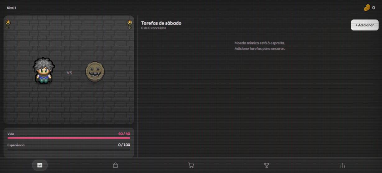 Aba Tarefas do Dungeonlog com o efeito CRT ligado: a arena com o herói e a Moeda mímica, as barras de Vida (40 / 40) e Experiência (0 / 100), a mensagem 