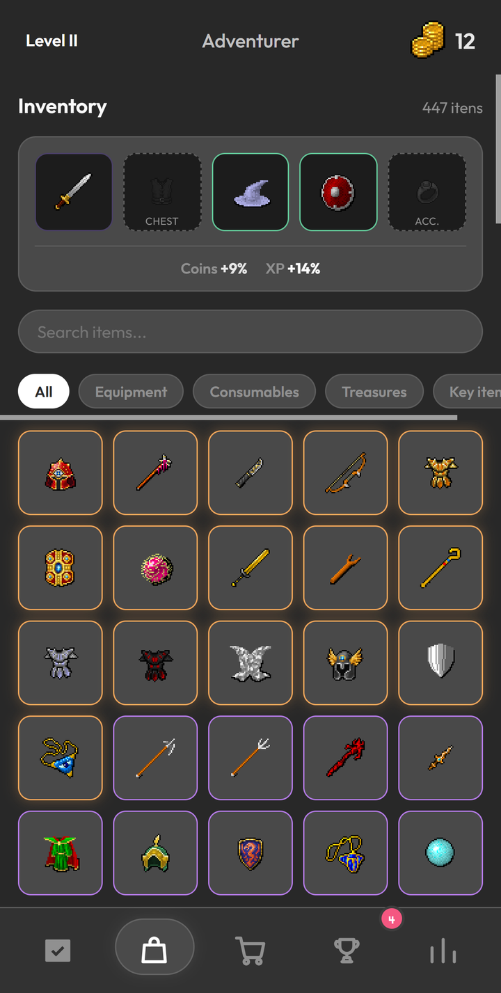 Dungeonlog Inventory screen with the equipment panel at the top, showing slots for weapon, chest, helmet, shield and accessory and the totals Coins +9% and XP +14%, and a grid of items with colored borders