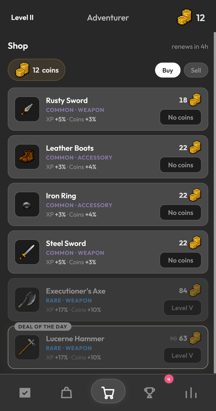 Dungeonlog Shop screen with 12 coins, a renews in 4h notice, items such as Rusty Sword and Steel Sword with rarity, type and XP and coin bonus, and a Deal of the day