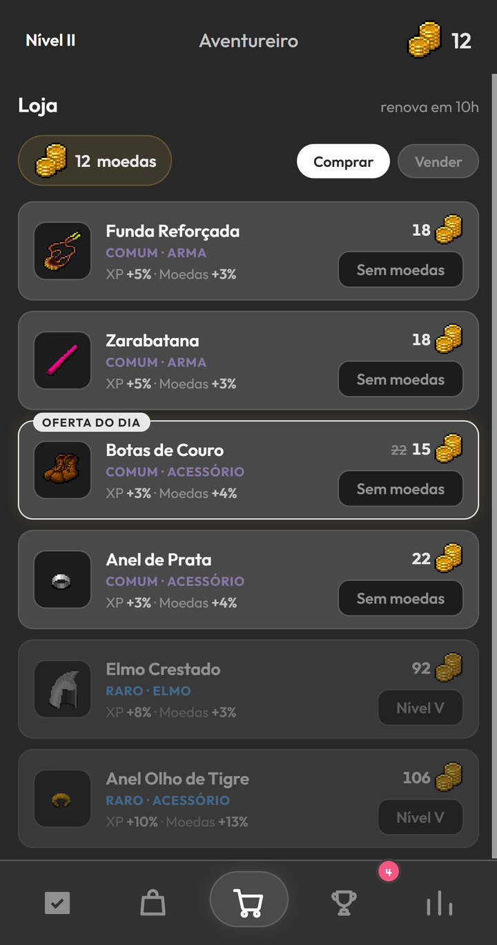 Tela da Loja do Dungeonlog com 12 moedas, o aviso renova em 10h, itens como Funda Reforçada e Zarabatana com raridade, tipo e bônus de XP e moedas, e uma Oferta do dia