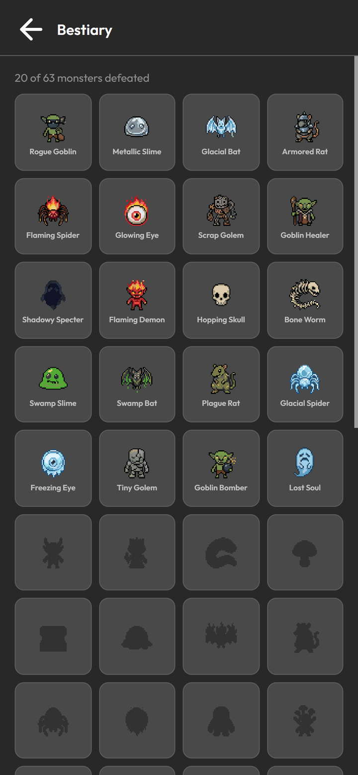 Dungeonlog Bestiary screen with 20 of 63 monsters defeated, showing discovered pixel-art monsters and silhouettes of the ones still missing