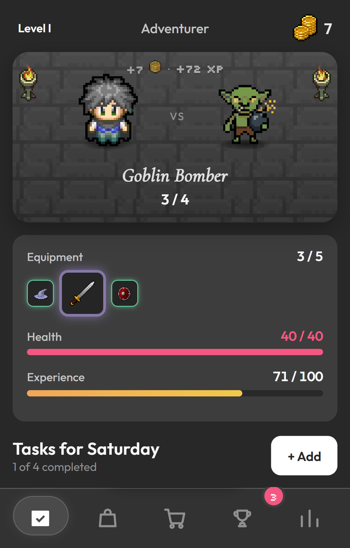 Dungeonlog Tasks tab with the Goblin Bomber monster at 3 of 4, coin and XP gains at the top of the arena and the Tasks for Saturday list with 1 of 4 completed