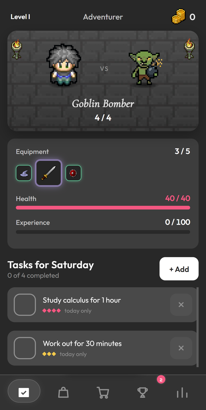 Dungeonlog Tasks tab with the hero facing the Goblin Bomber monster (4 of 4), the Equipment card, the Health and Experience bars and the Tasks for Saturday list with 0 of 4 completed