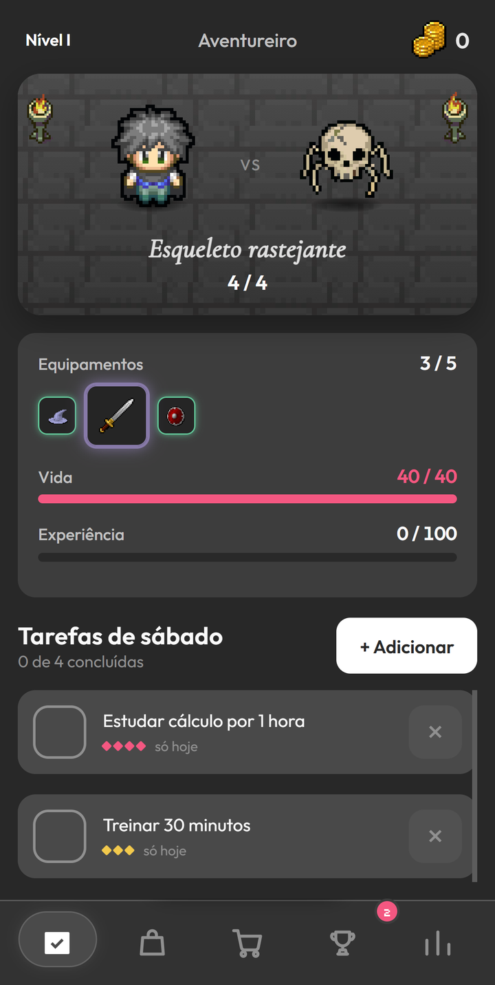 Aba Tarefas do Dungeonlog com o monstro Esqueleto rastejante (4 de 4), o cartão Equipamentos e a lista Tarefas de sábado com 0 de 4 concluídas