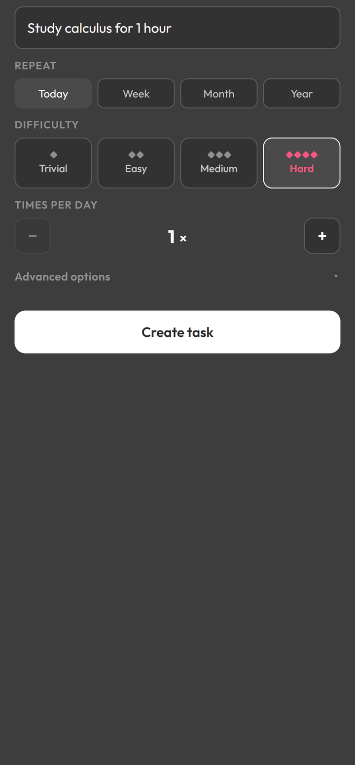 Dungeonlog New task window with the name Study calculus for 1 hour, repeat Today, difficulty Hard selected, times per day 1x, Advanced options and the Create task button