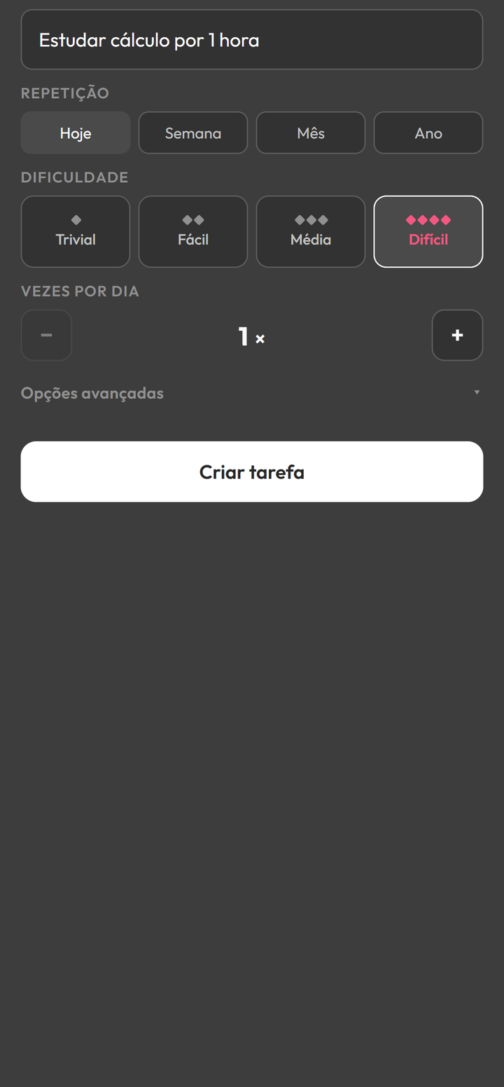 Janela Nova tarefa do Dungeonlog com nome, repetição (Hoje, Semana, Mês, Ano), dificuldade (Trivial, Fácil, Média, Difícil), vezes por dia e o botão Criar tarefa