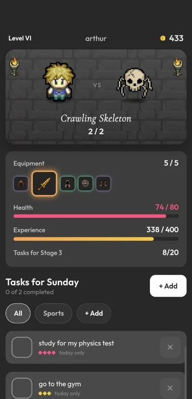 Dungeonlog main screen: a hero fighting the daily monster, with the task list
