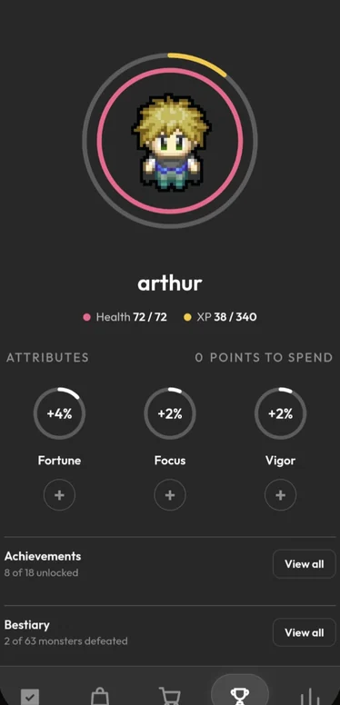 Hero profile with Fortune, Focus and Vigor attributes, achievements and bestiary