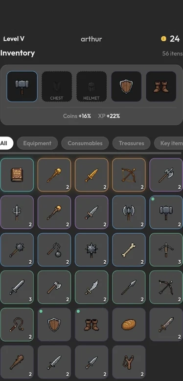 Inventory with weapons, armor and consumables
