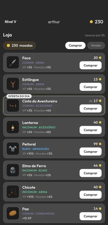 Loja do Dungeonlog com oferta do dia e itens para comprar